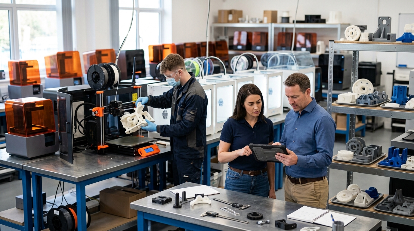3D printing bureau owner and a marketing consultant review a tablet beside rows of printers