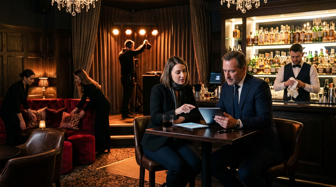 Adult entertainment club owner and a marketing consultant review a tablet in a stylish lounge before opening