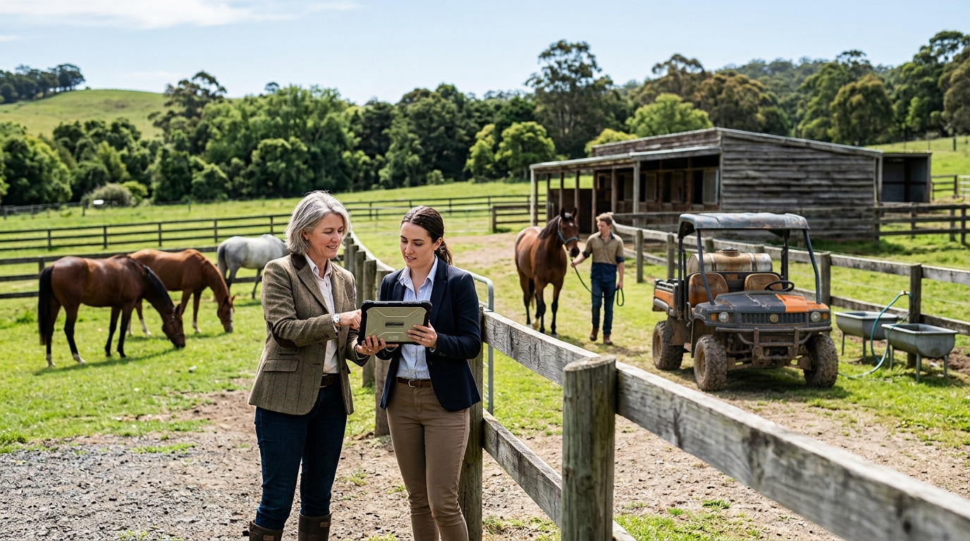 Agistment property owner and a marketing consultant review a tablet by a paddock fence with grazing horses