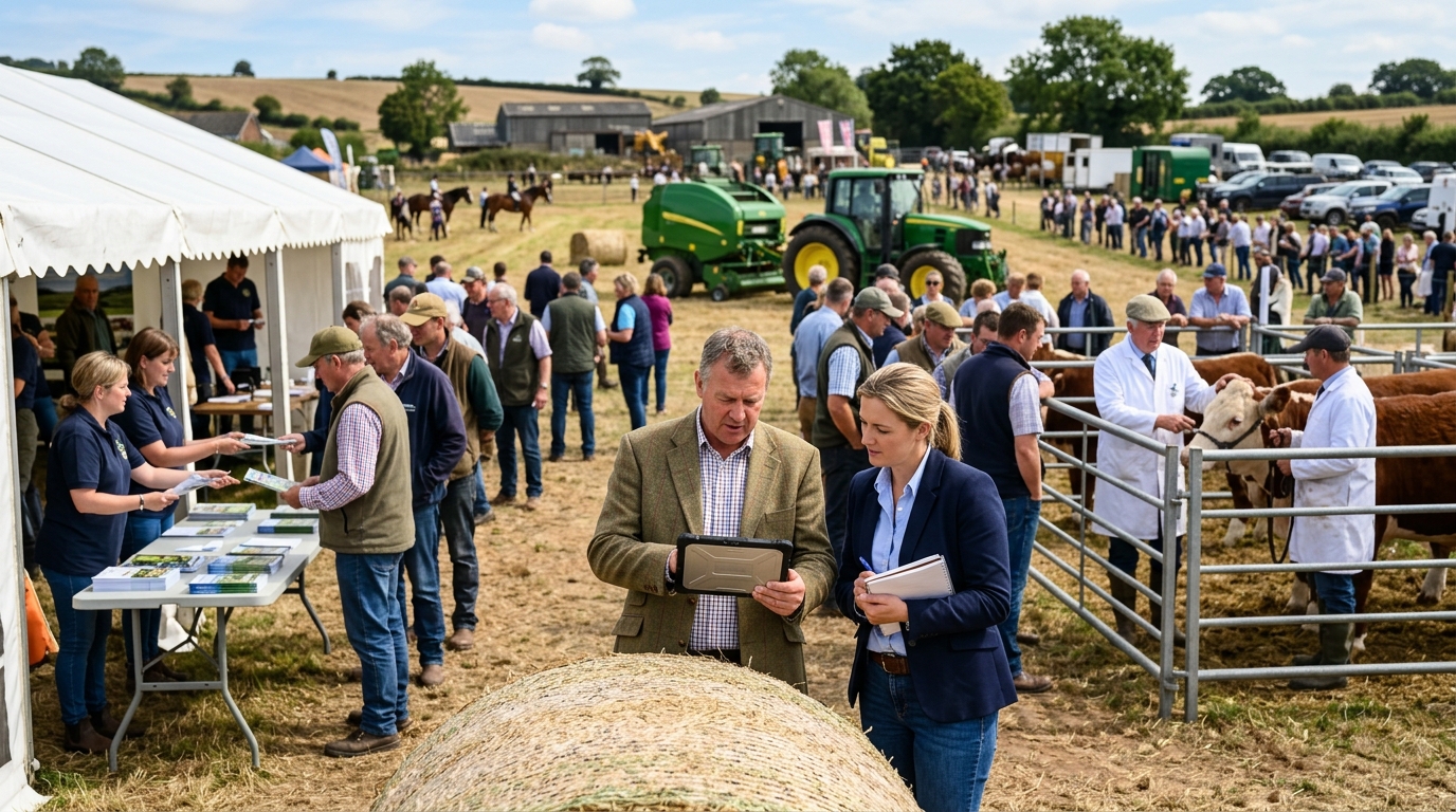 Agricultural association director and a marketing consultant review a tablet at a busy farm field day