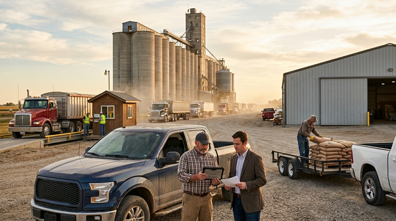 Co-op manager and a marketing consultant review a tablet in a busy grain elevator and farm supply yard