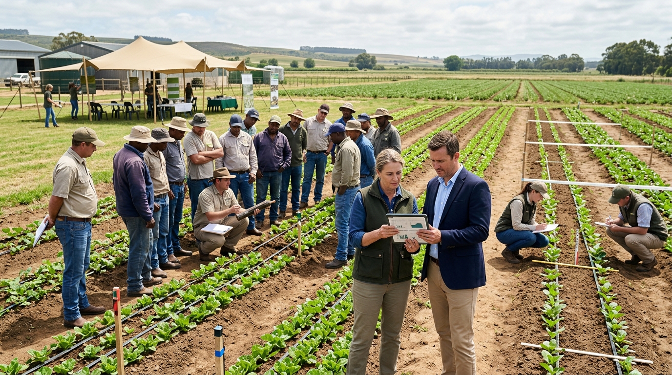 Agricultural NGO director and a marketing consultant review a tablet beside a farmer training plot