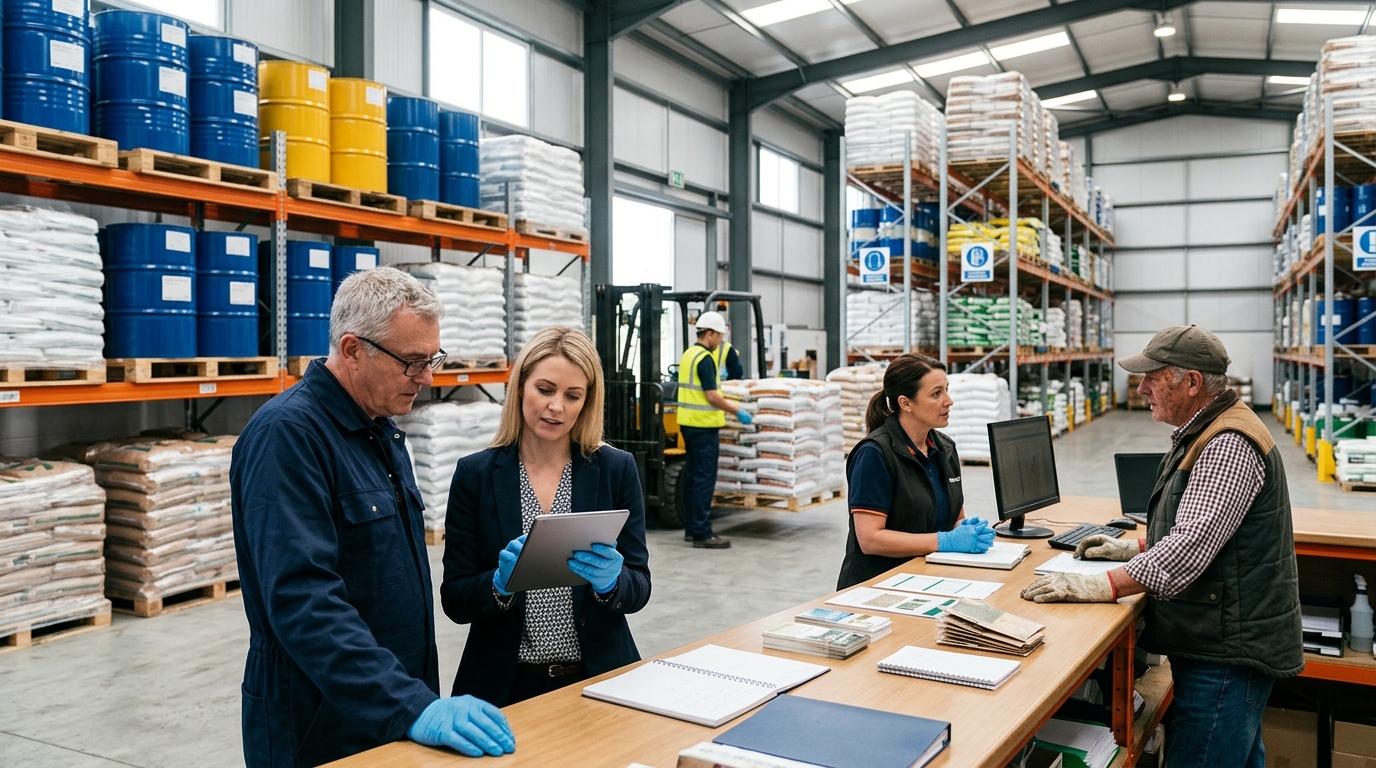 Agrochemical supplier and a marketing consultant review a tablet in a farm inputs warehouse with sealed drums
