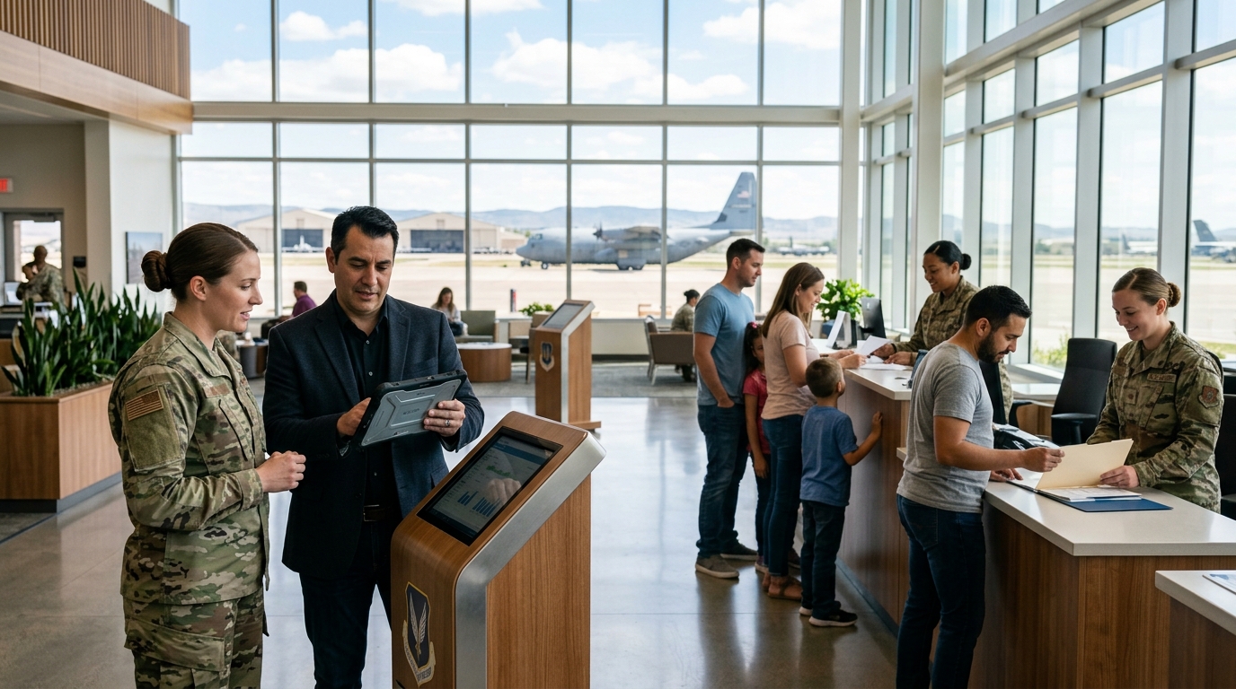 Base public affairs officer and a marketing consultant review a tablet in a busy base visitor center