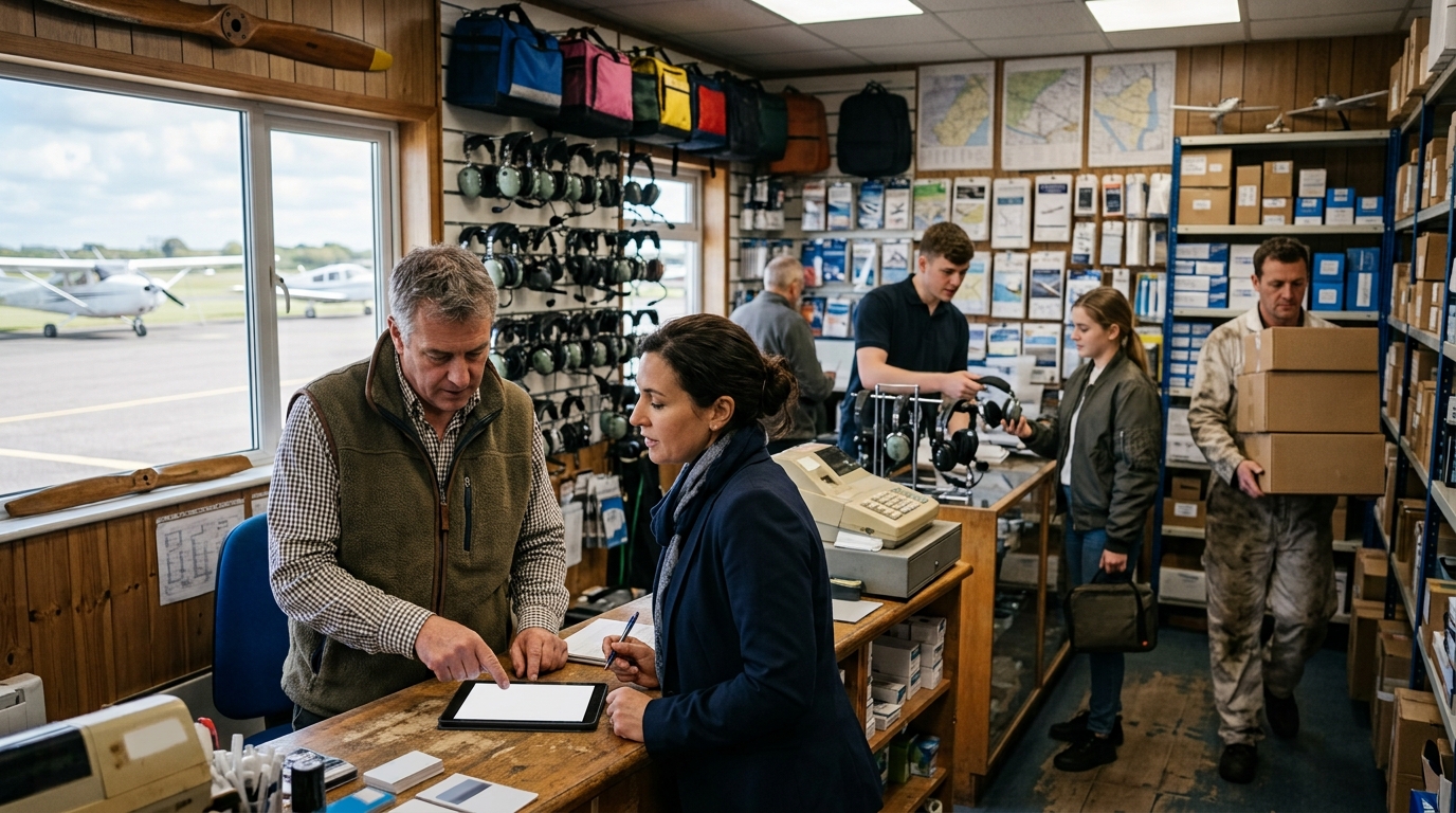 Pilot shop owner and a marketing consultant review a tablet in an airfield supply store with headsets