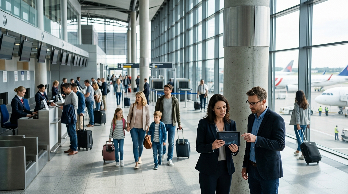 Airport manager and a marketing consultant review a tablet in a bright terminal as passengers check in