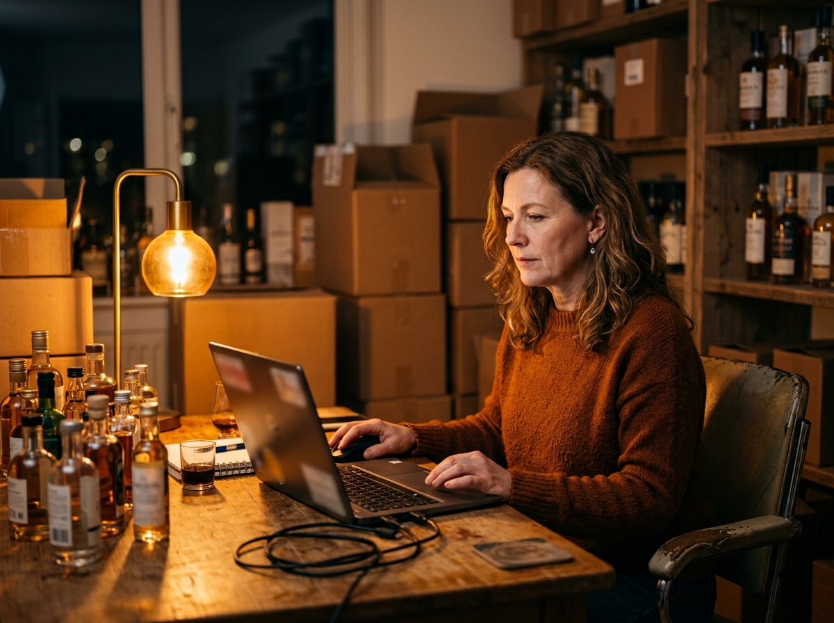 Online spirits store manager reviewing product pages on a laptop beside sample bottles and shipping boxes