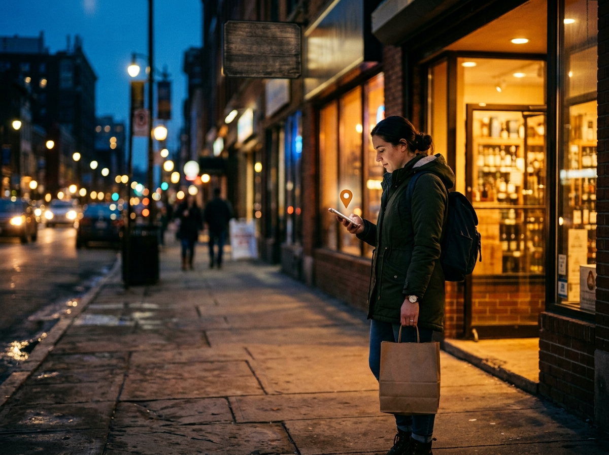 Shopper checking a map on their phone outside a warmly lit liquor store at dusk