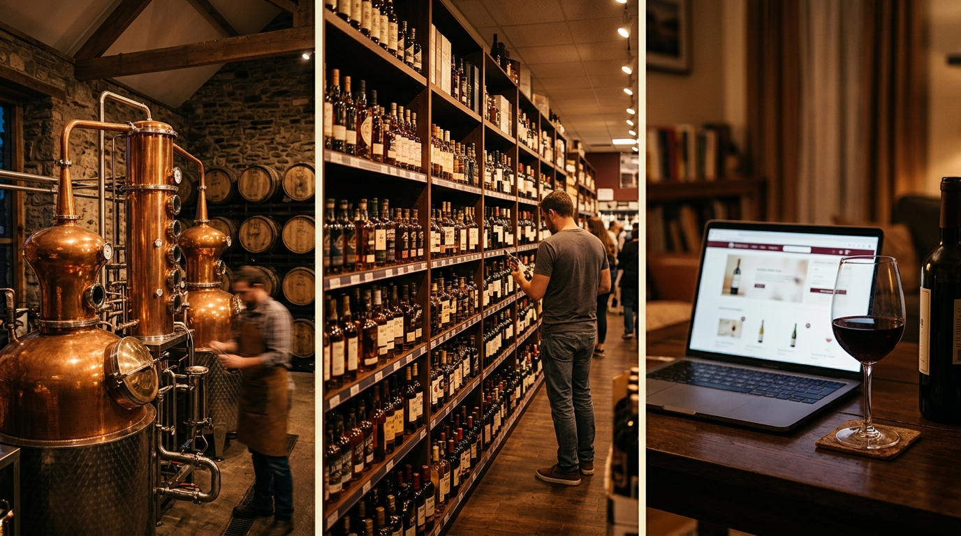A craft distillery, a neighbourhood liquor store aisle and an online wine shop on a laptop