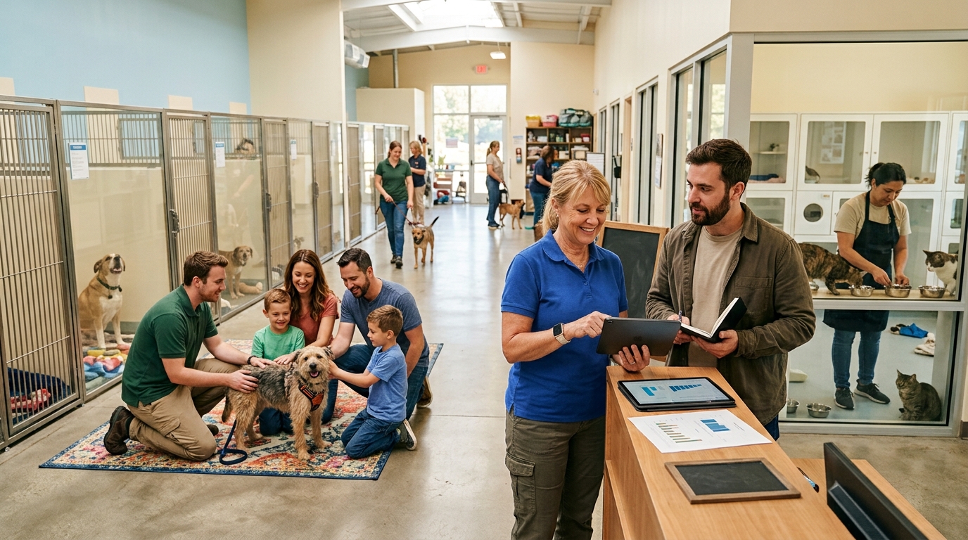 Animal rescue director and a marketing consultant review a tablet as volunteers walk dogs at a shelter
