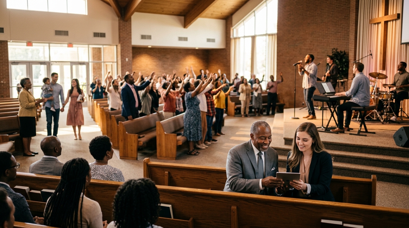 Apostolic church pastor and a marketing consultant review a tablet as a worship team leads a Sunday service