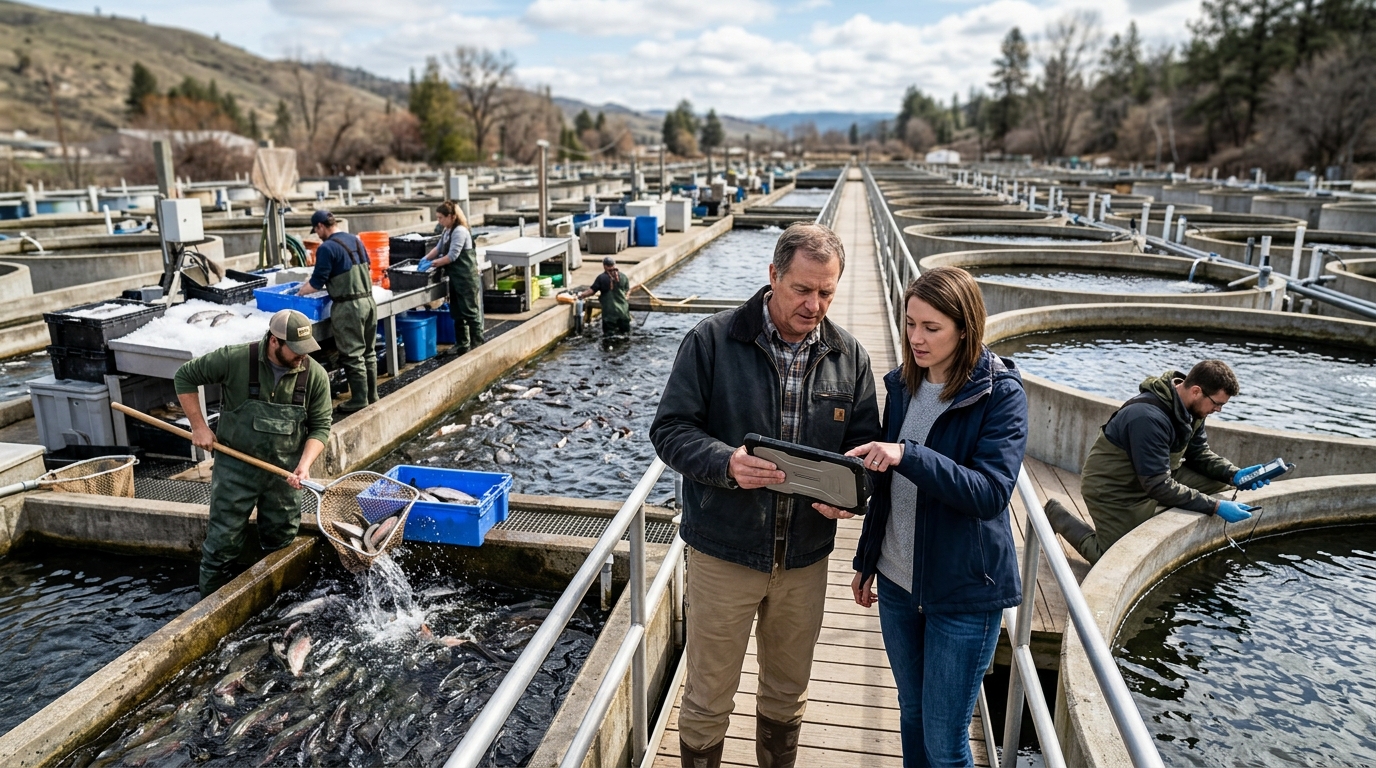 Aquaculture farm owner and a marketing consultant review a tablet beside fish tanks as workers net trout