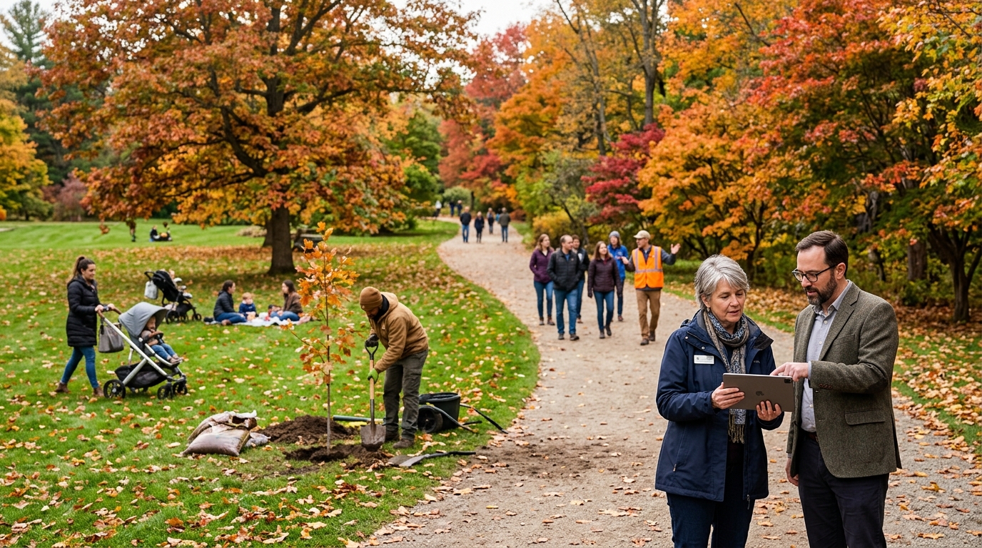 Arboretum director and a marketing consultant review a tablet on a tree-lined path as a guide leads visitors