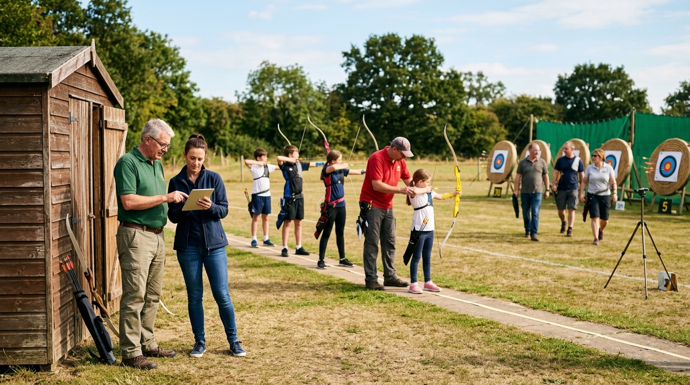 Archery club chair and a marketing consultant review a tablet as a coach helps a beginner on the range