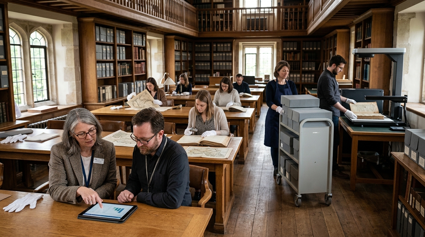 Archive director and a marketing consultant review a tablet in a reading room as researchers study records