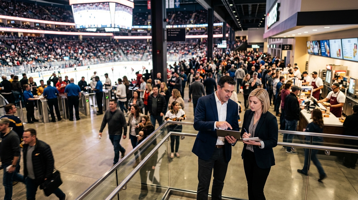 Arena general manager and a marketing consultant review a tablet on a busy concourse before an event