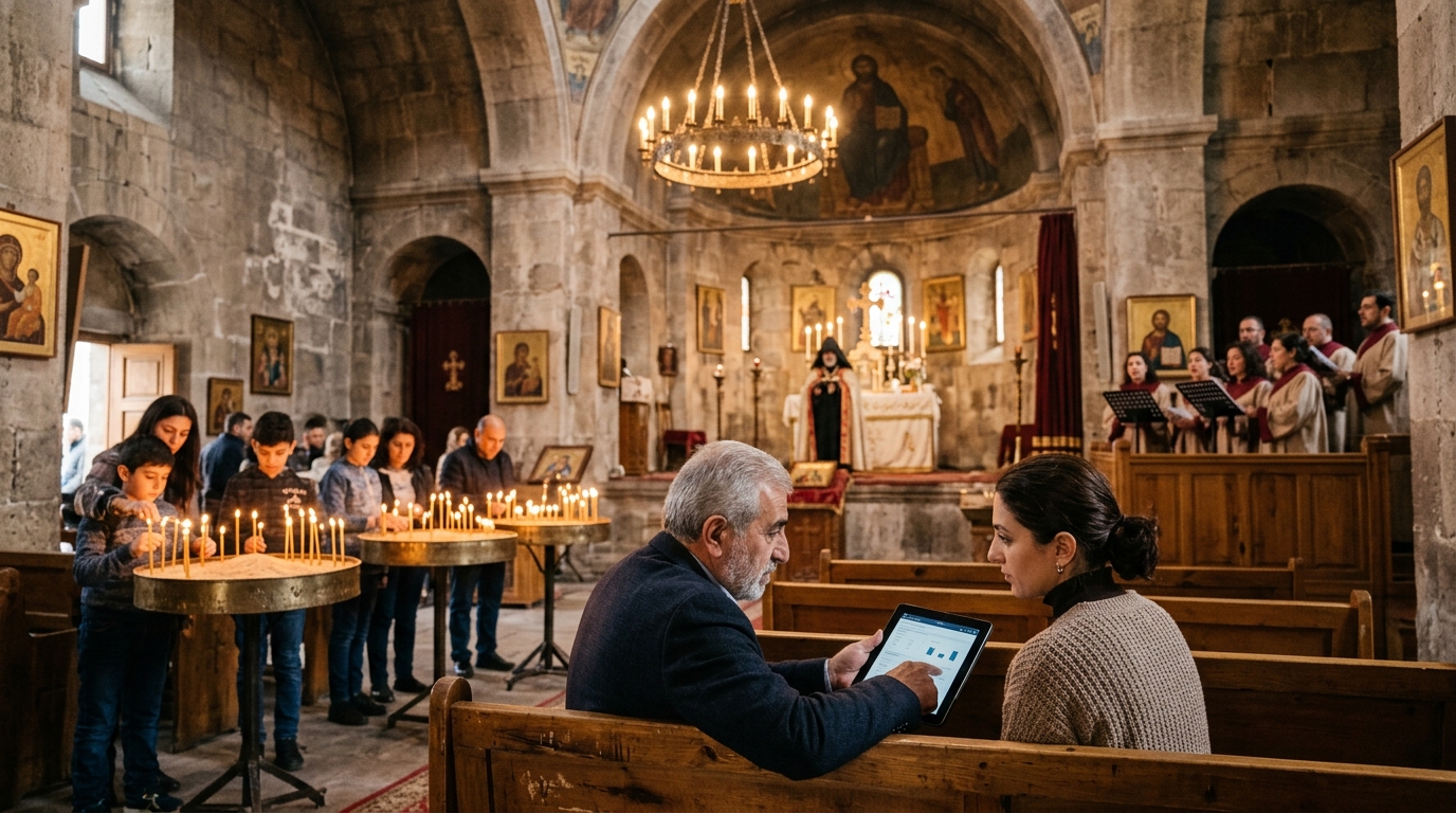 Parish council chair and a marketing consultant review a tablet as families light candles in an Armenian church