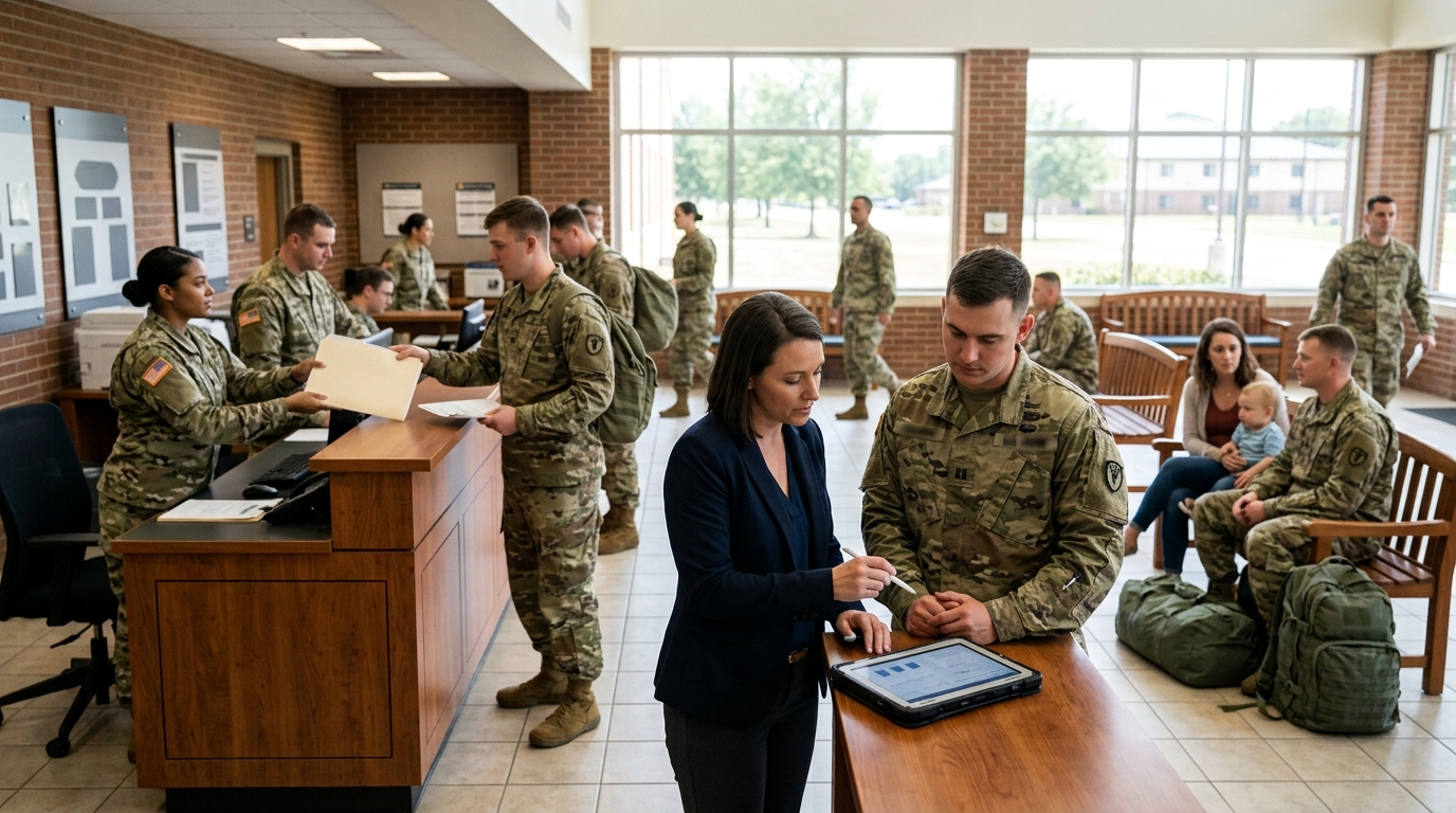 Army base communications officer and a marketing consultant review a tablet in a busy barracks welcome center