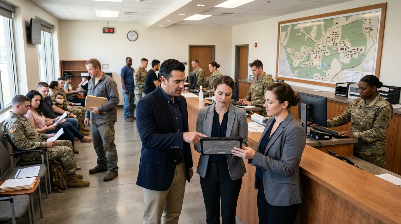 Installation manager and a marketing consultant review a tablet in a busy army visitor control center