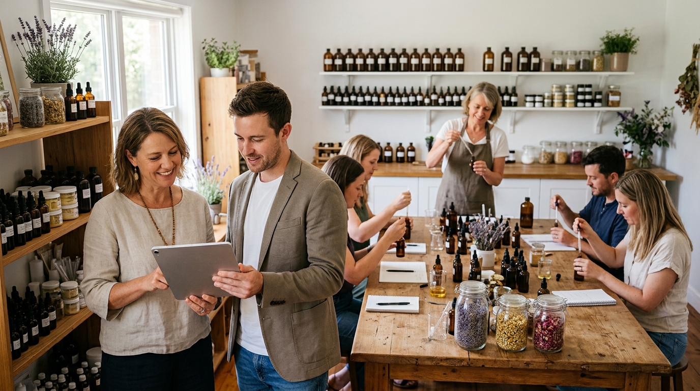 Aromatherapy tutor and a marketing consultant review a tablet as students blend essential oils in class