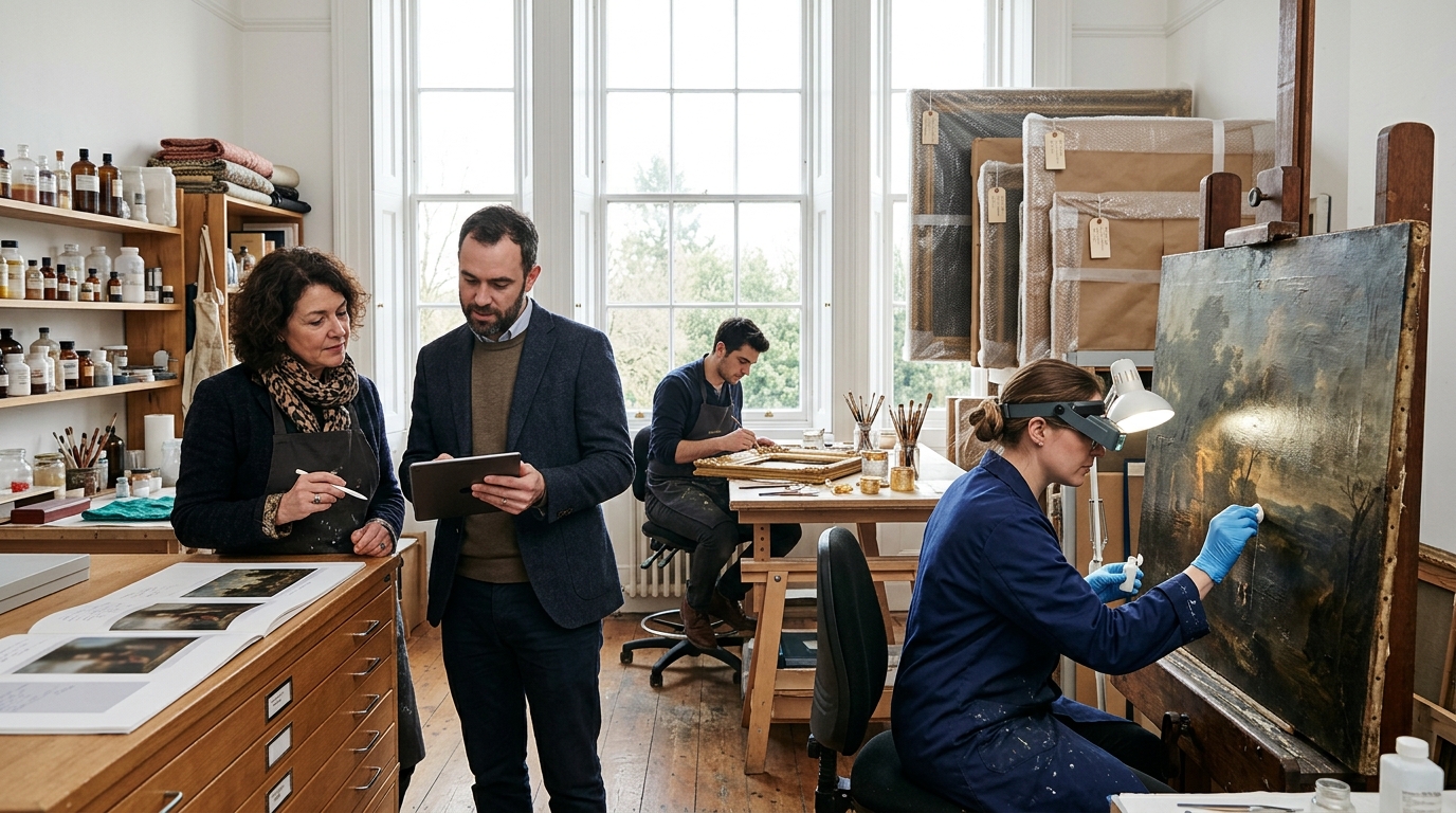 Art conservator and a marketing consultant review a tablet in a studio where paintings are being restored