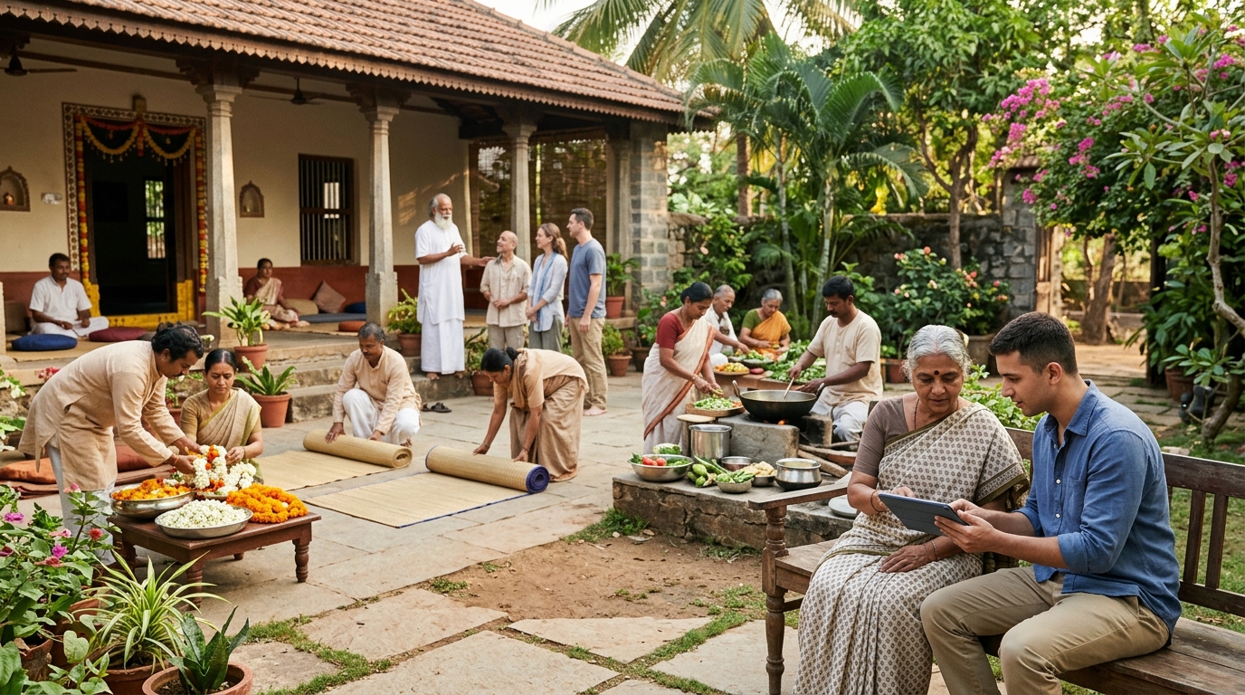 Ashram manager and a marketing consultant review a tablet as residents prepare for evening satsang
