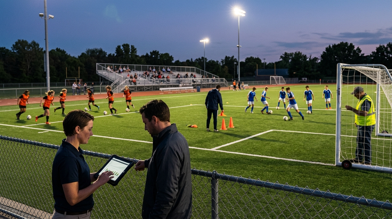 Field operator and a marketing consultant review a tablet beside a turf field where youth teams practice