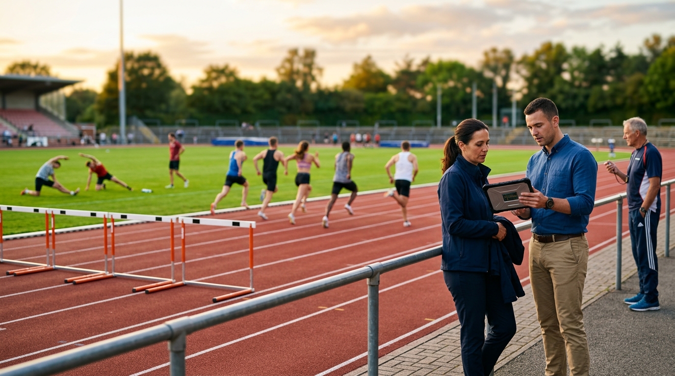 Track manager and a marketing consultant review a tablet trackside as athletes train in the lanes