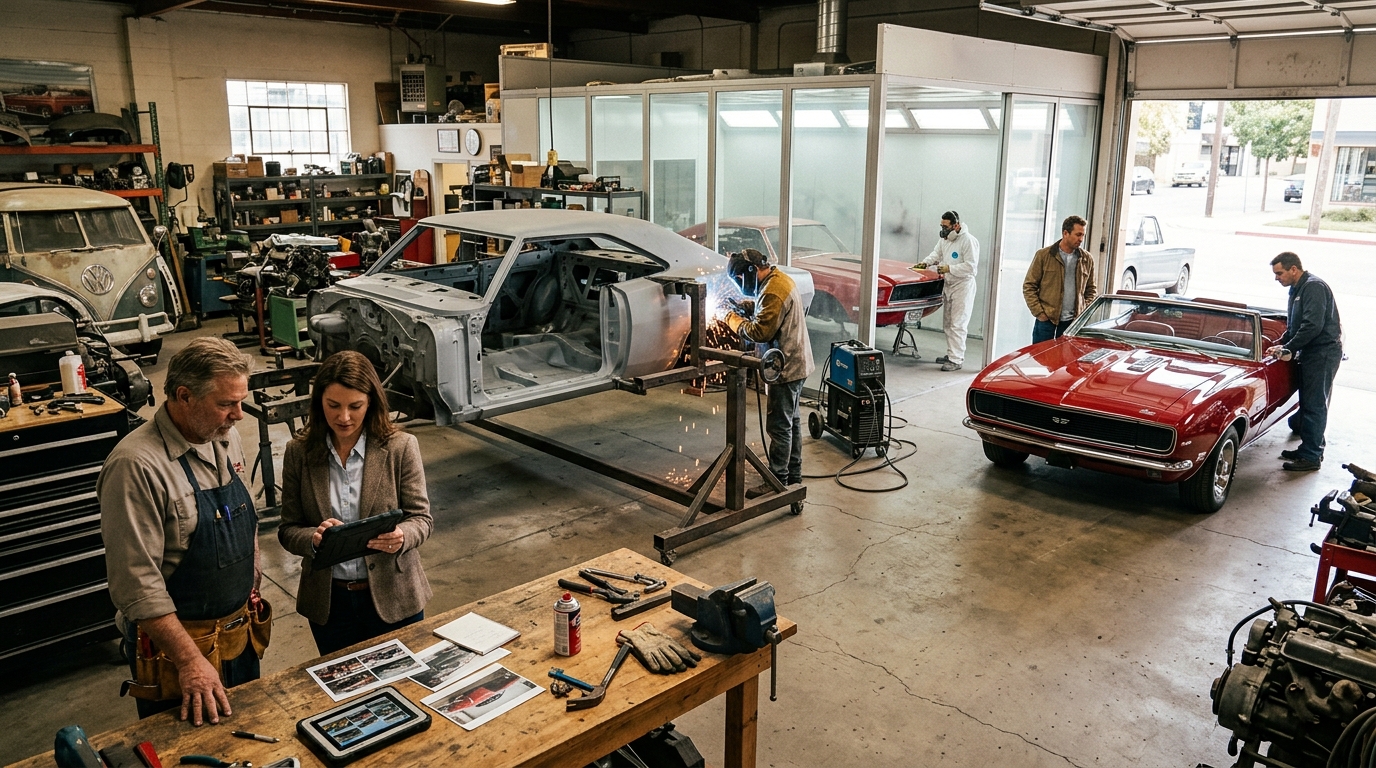 Restoration shop owner and a marketing consultant review a tablet beside a classic car mid-restoration