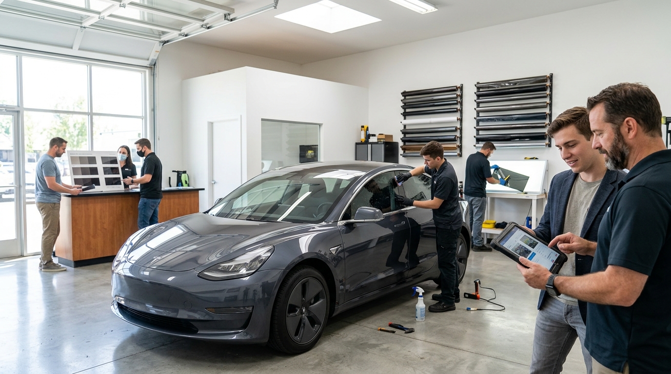 Window tint shop owner and a marketing consultant review a tablet as an installer tints a car window