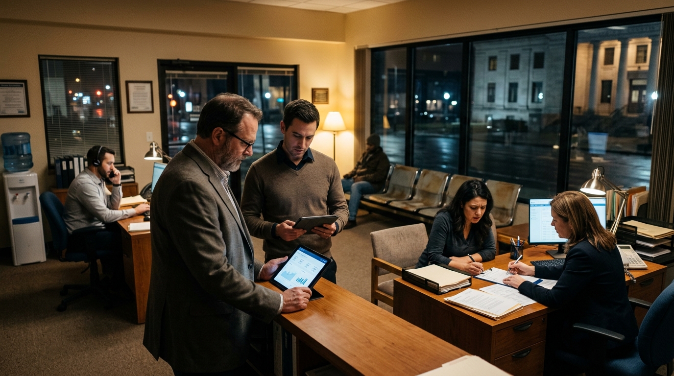Bail bond agent and a marketing consultant review a tablet in a busy bail bonds office