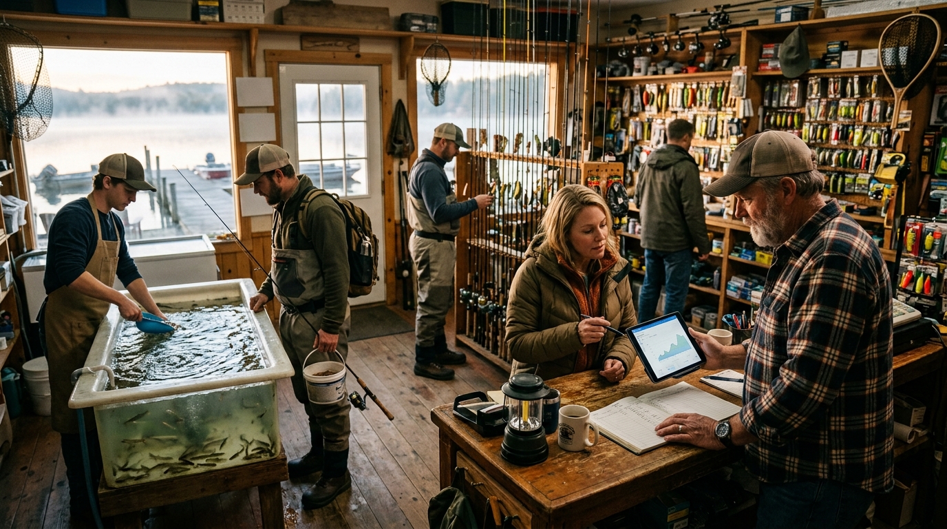 Bait shop owner and a marketing consultant review a tablet in a busy lakeside bait and tackle store