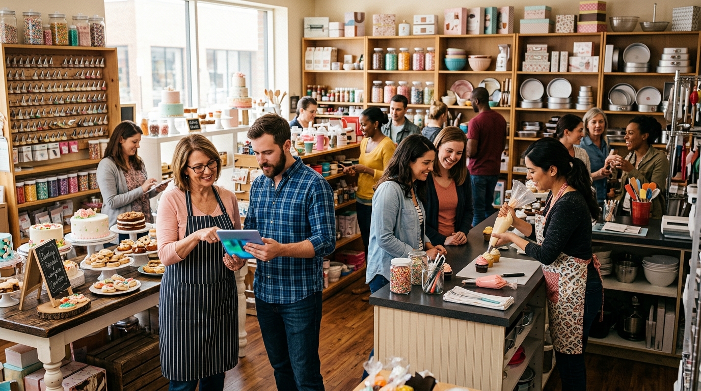 Baking supply store owner and a marketing consultant review a tablet among shelves of bakeware and decorating tools