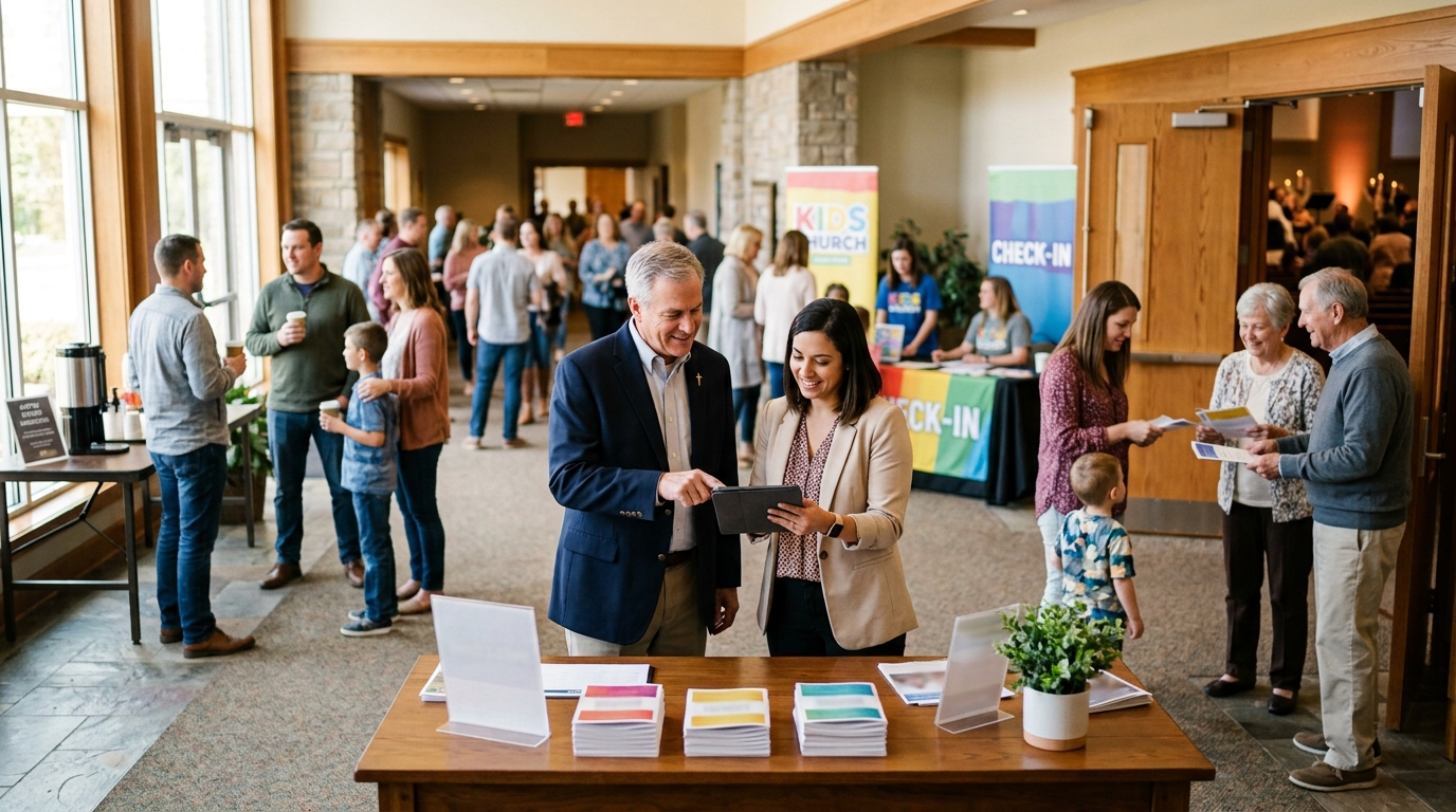 Pastor and a marketing consultant review a tablet in a welcoming church lobby as members greet visitors