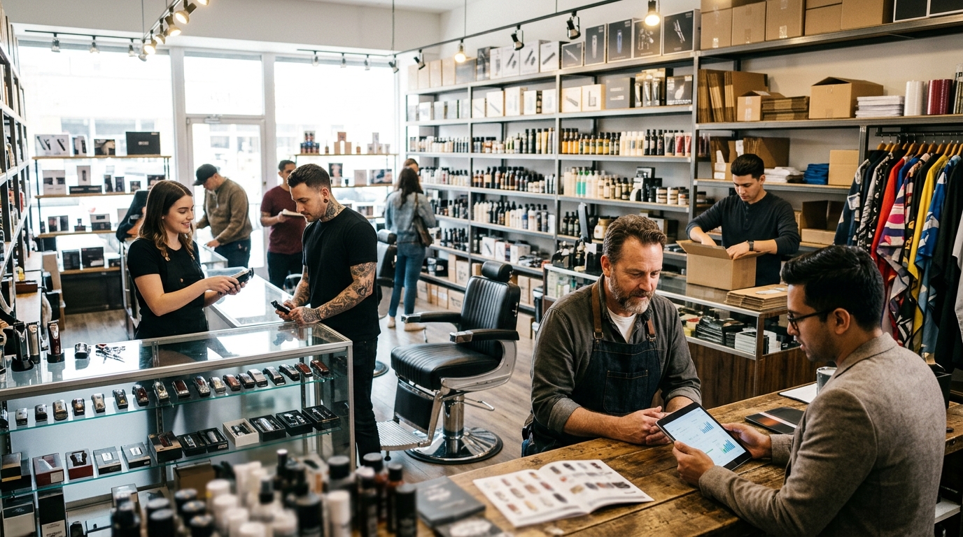 Barber supply store owner and a marketing consultant review a tablet beside shelves of clippers and tools