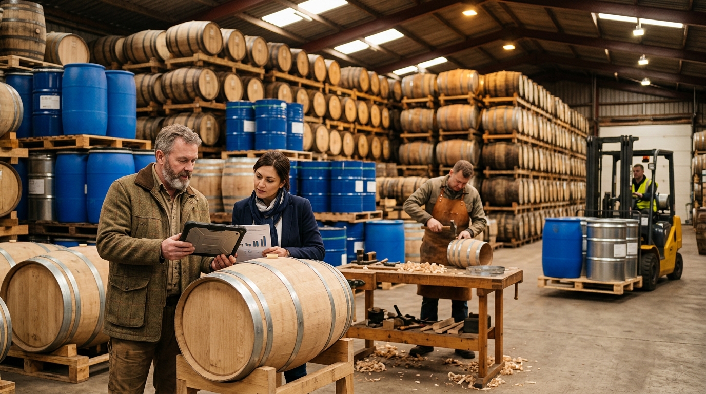 Barrel supplier owner and a marketing consultant review a tablet in a warehouse stacked with oak barrels