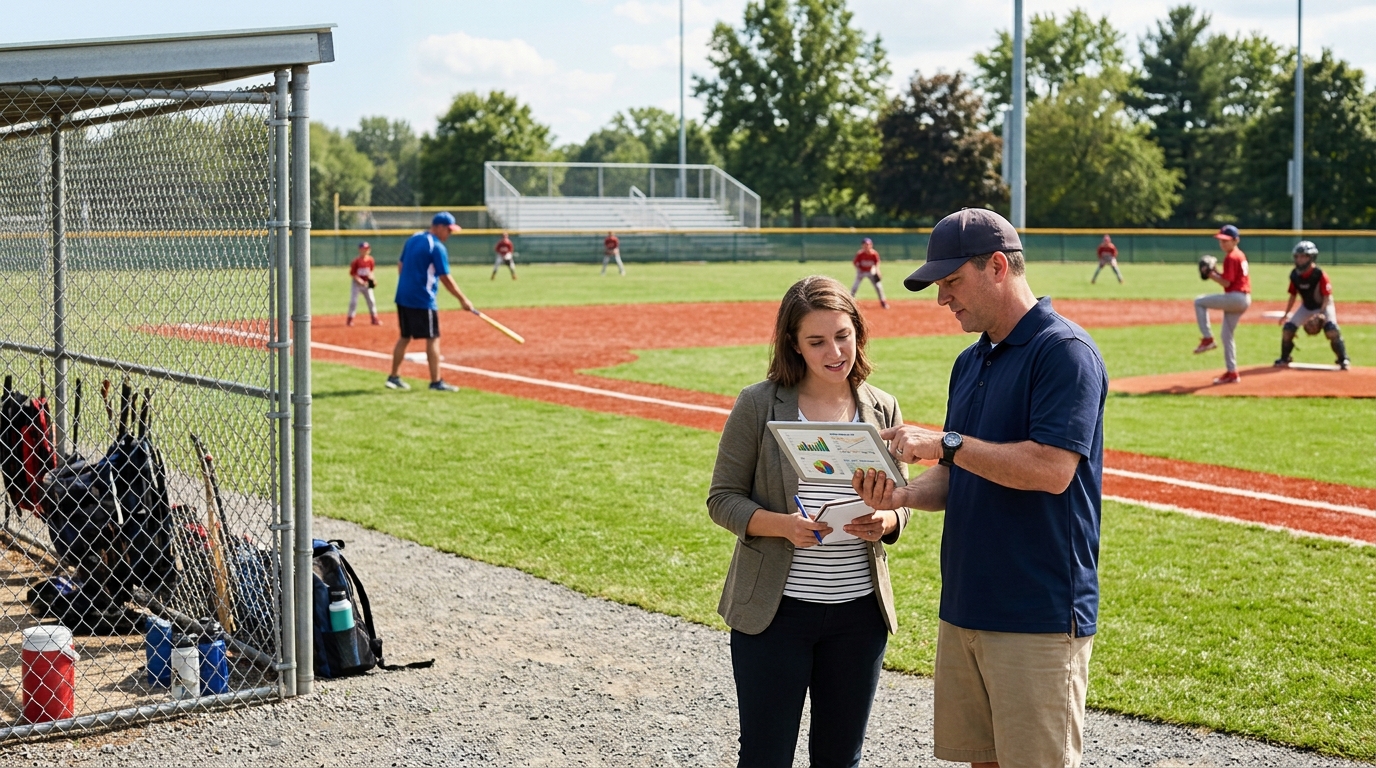 Baseball club director and a marketing consultant review a tablet beside a field during youth practice