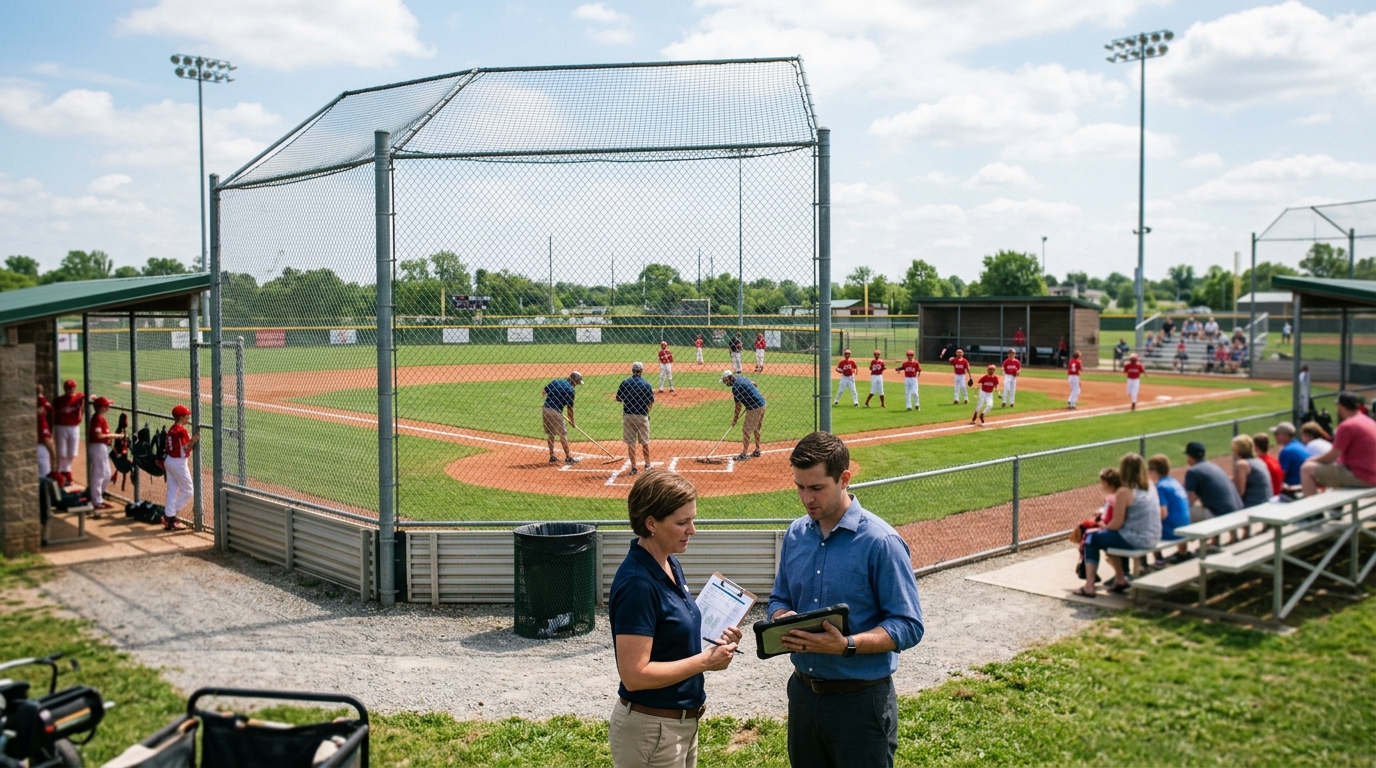 Ballpark manager and a marketing consultant review a tablet behind home plate at a baseball complex