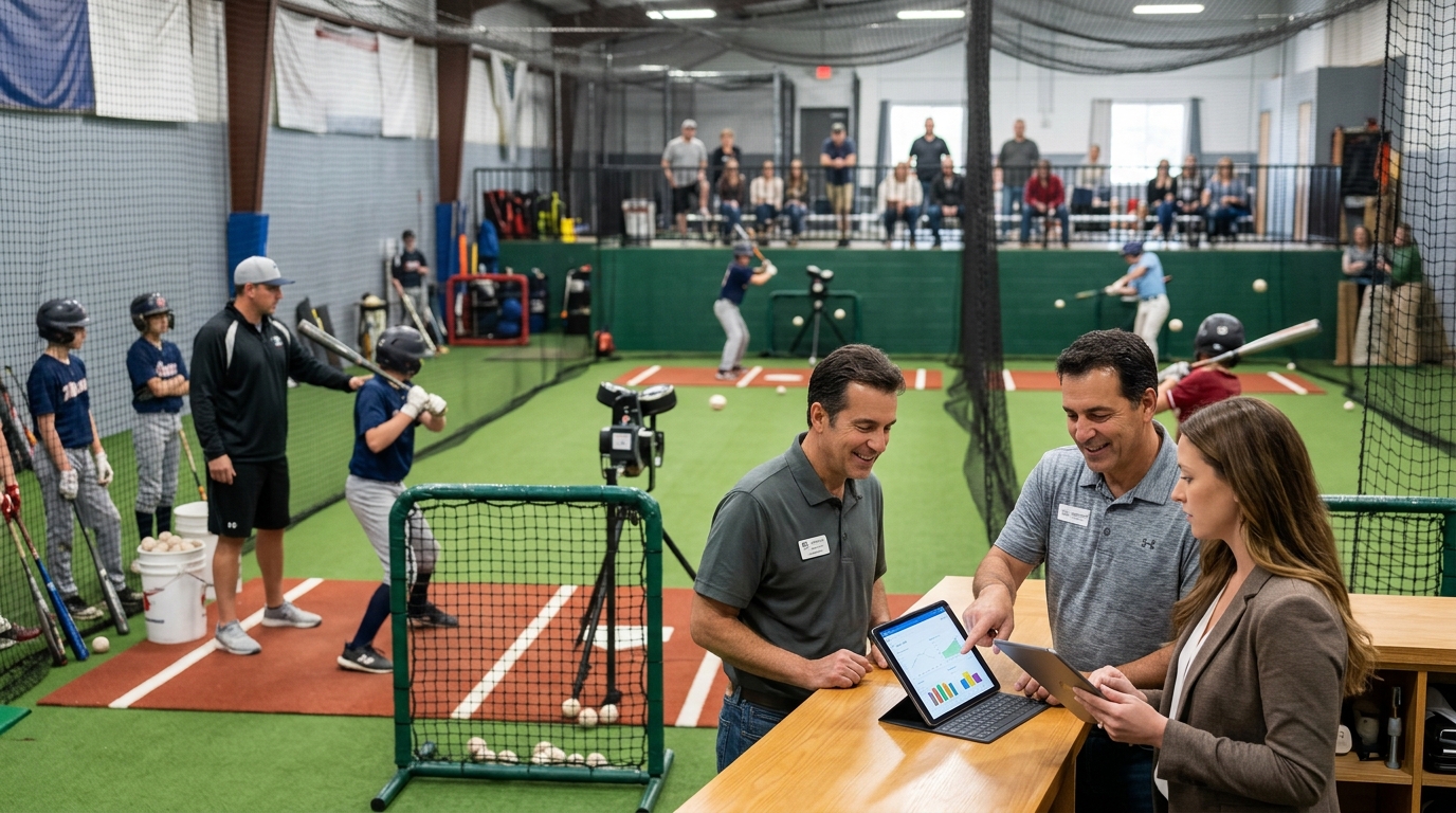 Batting cage center owner and a marketing consultant review a tablet beside busy indoor hitting lanes