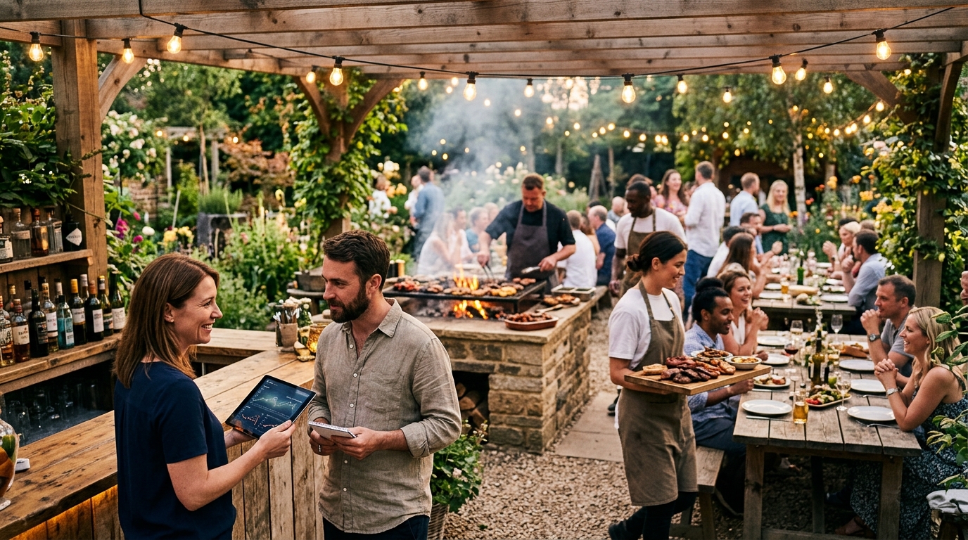 BBQ venue manager and a marketing consultant review a tablet on a busy garden terrace with grill stations