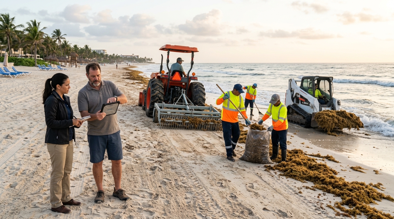Beach cleaning company owner and a marketing consultant review a tablet as a beach raking tractor works