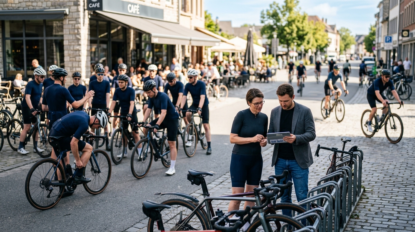 Cycling club chair and a marketing consultant review a tablet as riders gather for a group ride