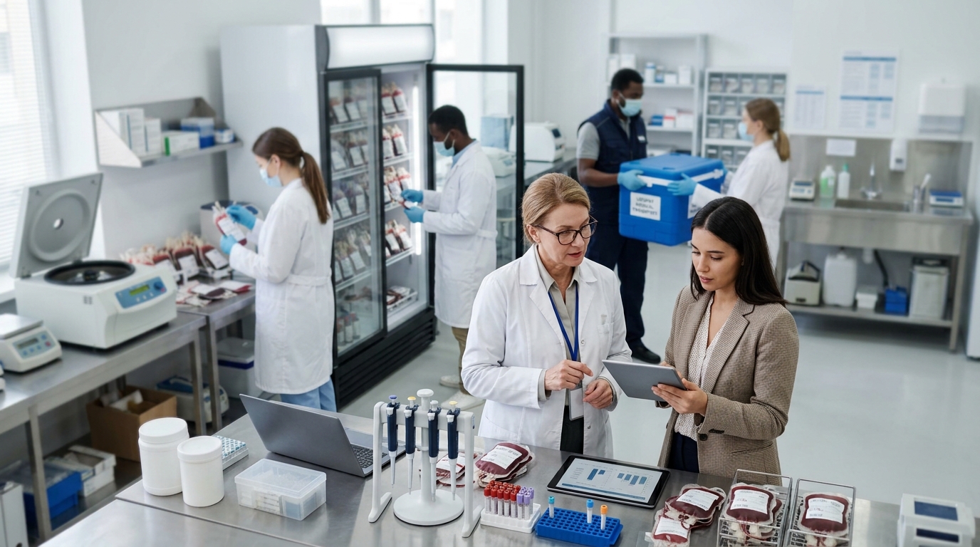 Blood bank director and a marketing consultant review a tablet in a lab with stored blood units