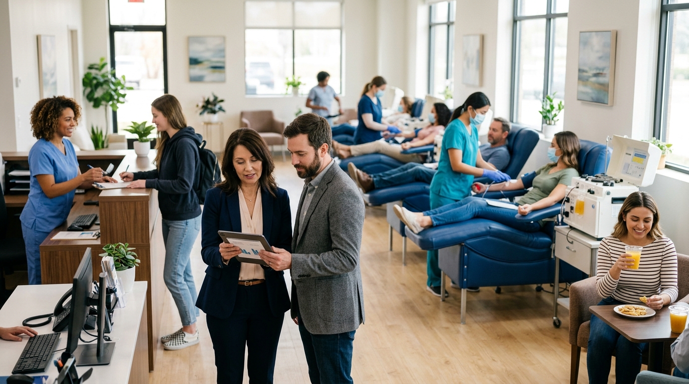 Donation center manager and a marketing consultant review a tablet as donors give blood in reclining chairs