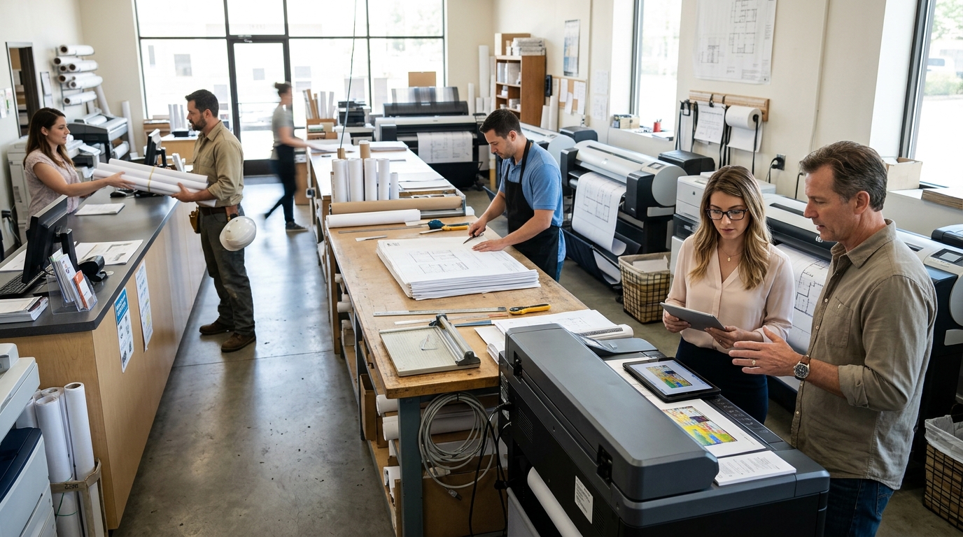 Reprographics shop owner and a marketing consultant review a tablet beside large format plan printers