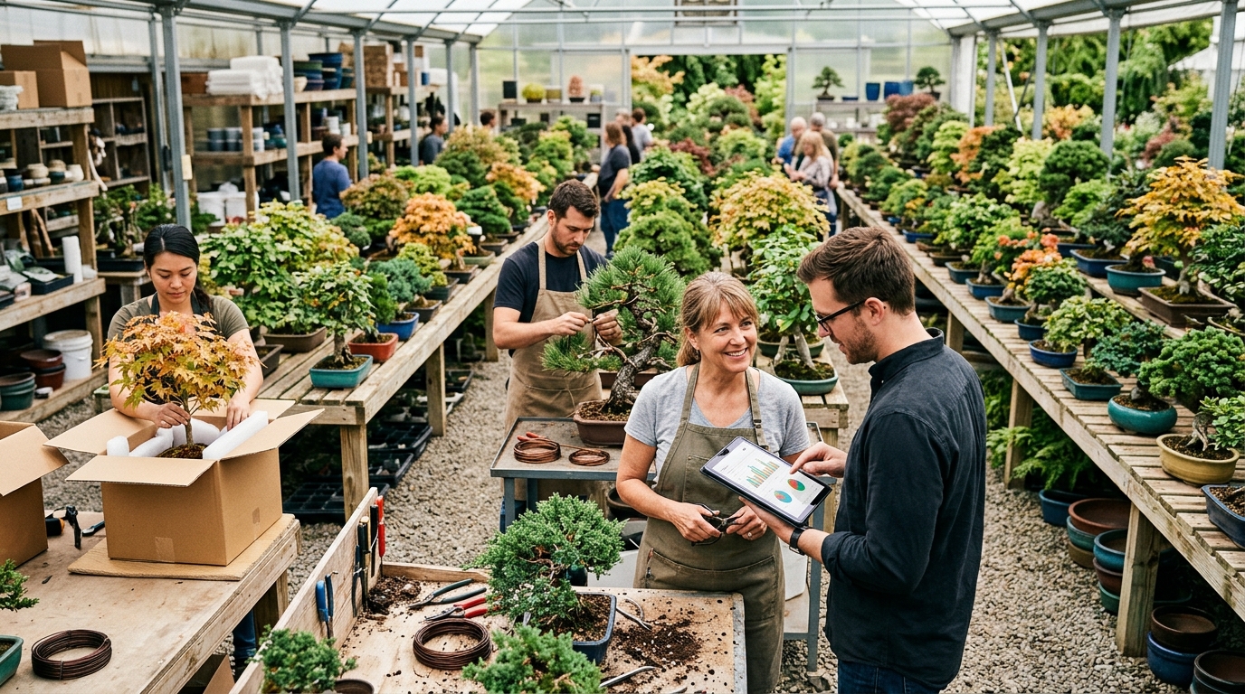 Bonsai nursery owner and a marketing consultant review a tablet among benches of bonsai trees