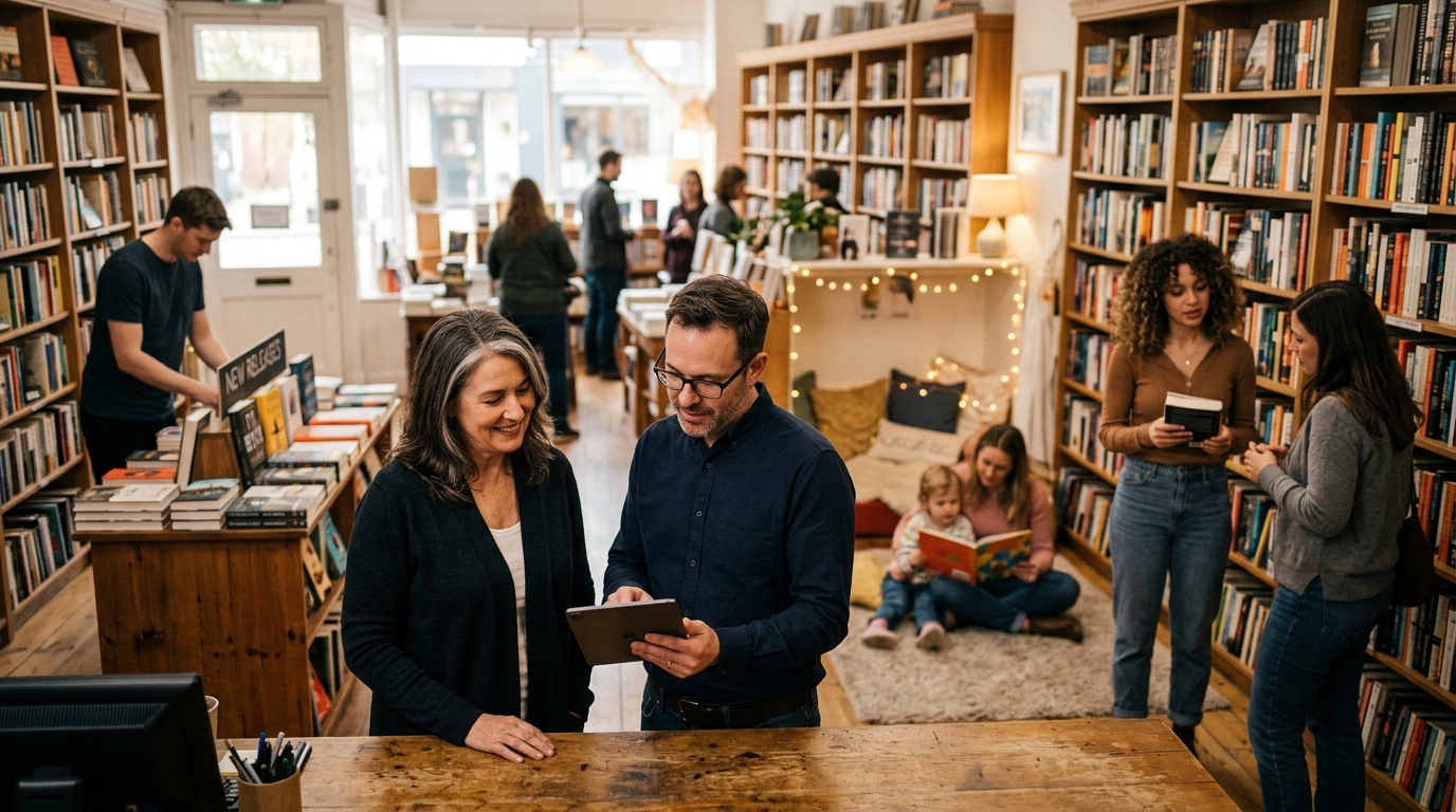 Bookstore owner and a marketing consultant review a tablet between tall shelves of books