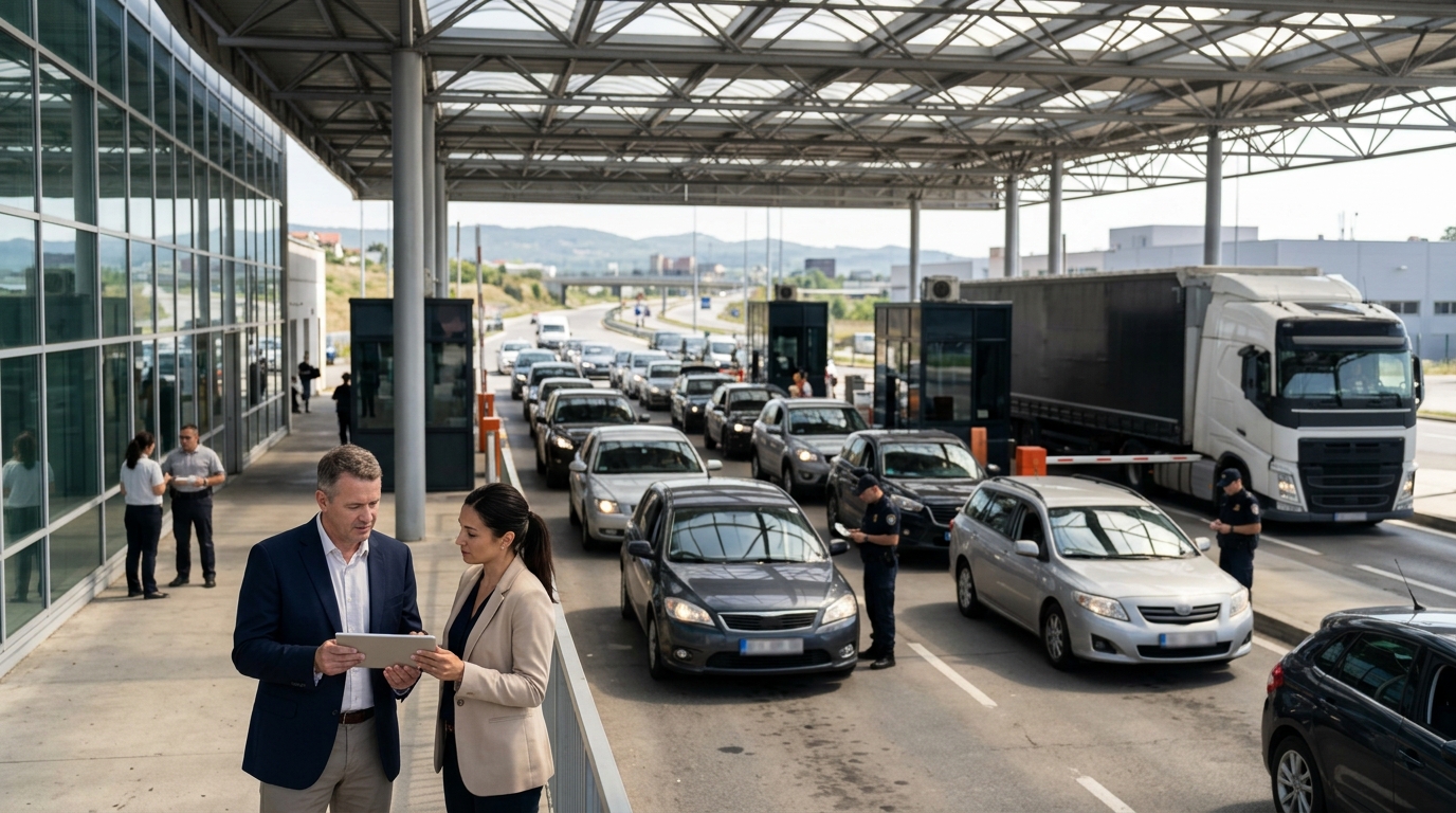 Port of entry director and a marketing consultant review a tablet near busy border inspection lanes