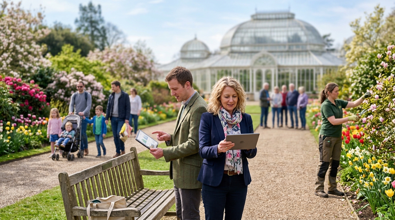 Botanical garden director and a marketing consultant review a tablet beside a busy garden path