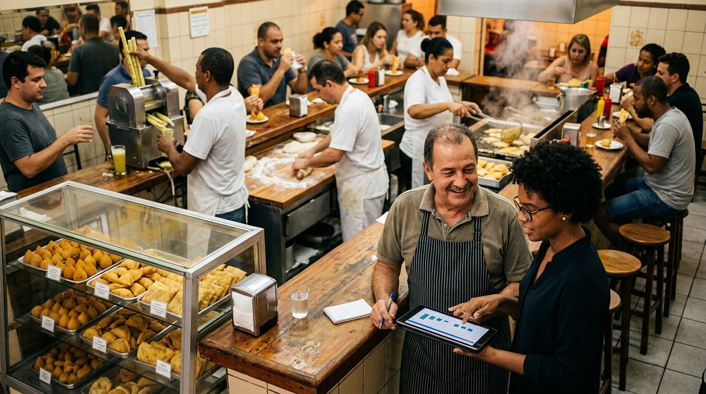 Pastelaria owner and a marketing consultant review a tablet as staff fry fresh pastel at a busy counter